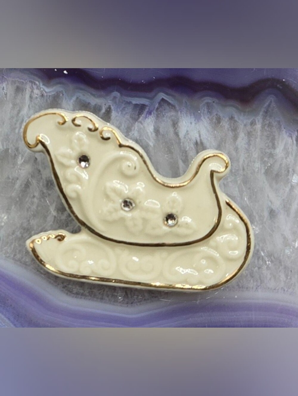 Lenox Sleigh Brooch White Porcelain w/ Clear Faceted Rhinestones